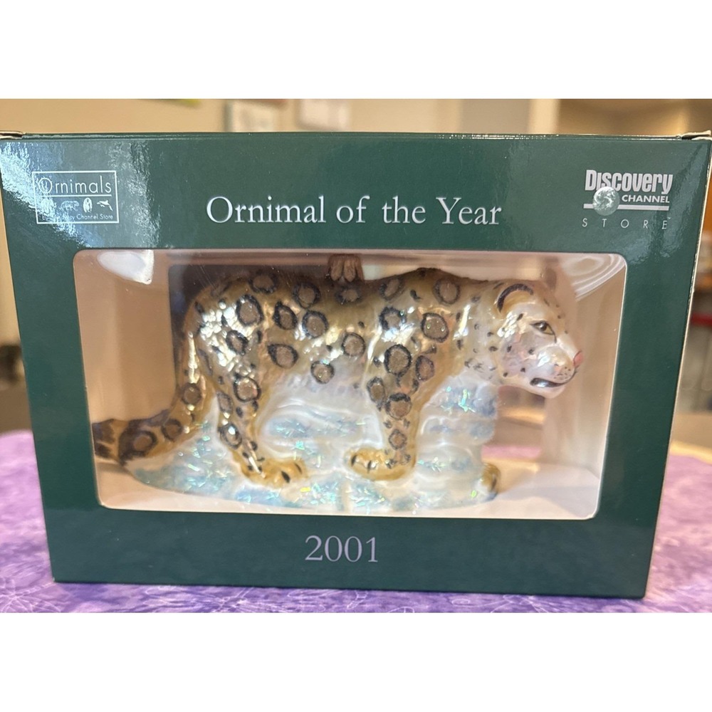 Ornimal Hand‎ Blown Glass Snow Leopard Ornament Discovery Channel 2001 NEW